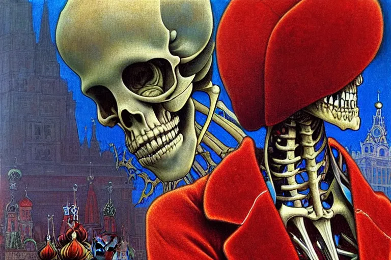 Image similar to realistic detailed closeup portrait painting of a single skeleton wearing red velvet blazer in a crowded futuristic moscow street by Jean Delville, Amano, Yves Tanguy, Alphonse Mucha, Ernst Haeckel, Edward Robert Hughes, Roger Dean, rich moody colours, blue eyes