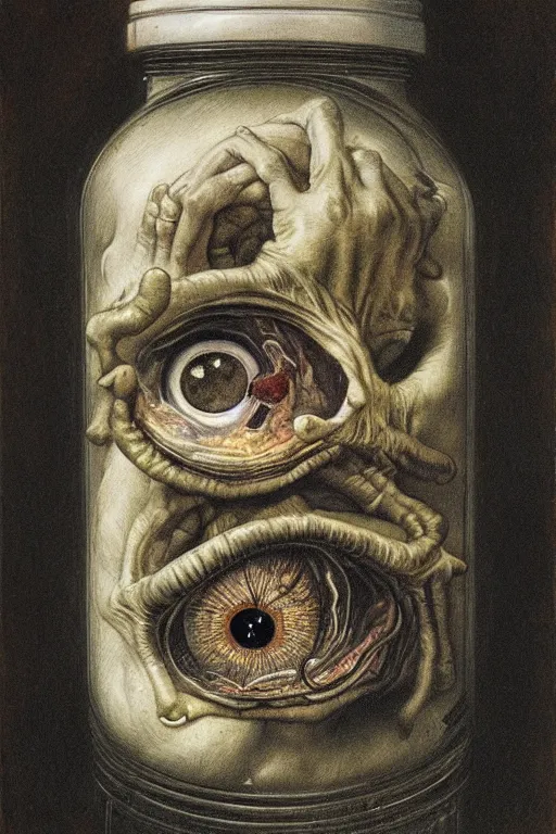 Prompt: portrait of a jar of eyeballs in the style of wayne barlowe, gustav moreau, goward, bussiere, roberto ferri, santiago caruso, luis ricardo falero, austin osman spare