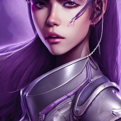 Prompt: close up portrait of a madison beer in smooth purple sci - fi armor, long black ponytail, elegant, intense, woman, an ultrafine hyperdetailed illustration by kim jung gi, irakli nadar, intricate linework, sharp focus, bright colors, octopath traveler, final fantasy, unreal engine 5, global illumination, radiant light