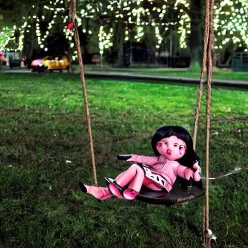 Image similar to a scary doll on a swing at a park, nighttime, real photo, realistic, hyper - realism, maximalist, horror movie, caution tape, illuminated by street lights, knife