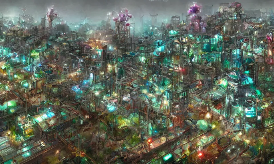 Prompt: biopunk town, trending on artstation, a town inspired by biological and plant-based industries and light industries. World renowned famous artists. Worth1000.com