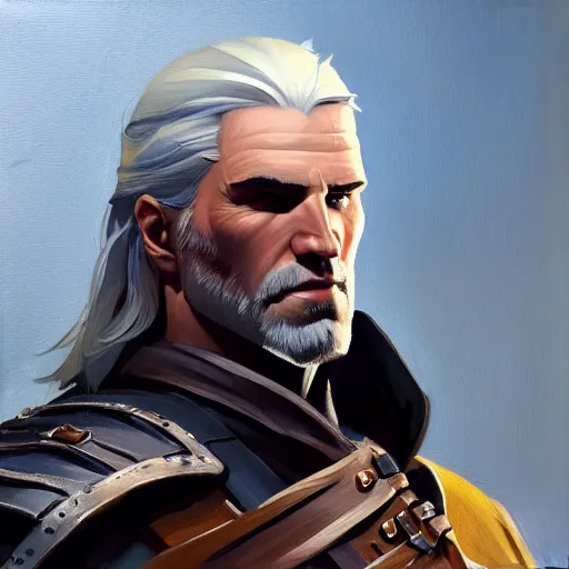 Image similar to Greg Manchess portrait painting of Geralt of Riva as Overwatch character, medium shot, asymmetrical, profile picture, Organic Painting, sunny day, Matte Painting, bold shapes, hard edges, street art, trending on artstation, by Huang Guangjian and Gil Elvgren and Sachin Teng