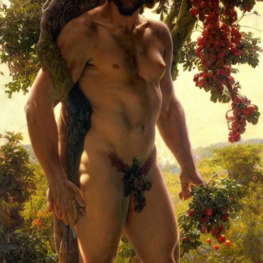 Image similar to muscular paul rudd as the biblical adam in the garden of eden, abundant apple trees, natural lighting, path traced, highly detailed, high quality, digital painting, by gaston bussiere, craig mullins, alphonse mucha j. c. leyendecker, tom of finland