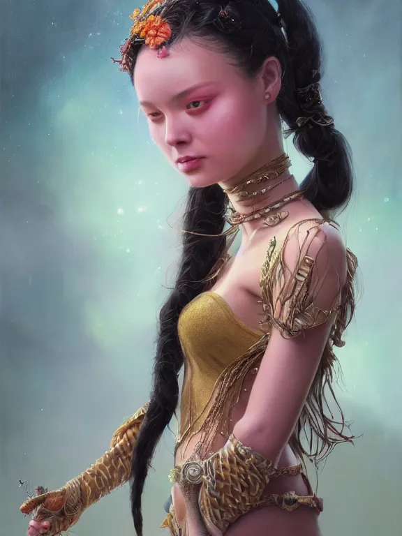 Image similar to beautiful portrait of a Subtropics minority female wearing fantastic costume,ivoy skin,long pigtail,intricate, elegant, highly detailed, dim volumetric lighting, 8k,octane,post-processing,digital painting, trending on artstation, concept art, smooth, sharp focus, illustration,by Tom Bagshaw and Daniel Gerhartz and Albert Aublet and Lawrence Alma-Tadema and alphonse mucha