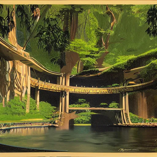 Prompt: drawing of Rivendell by Syd Mead