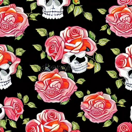 Prompt: large skulls and vivid roses seamless pattern, Jen Bartel, Dan Mumford, Satoshi Kon, gouache illustration