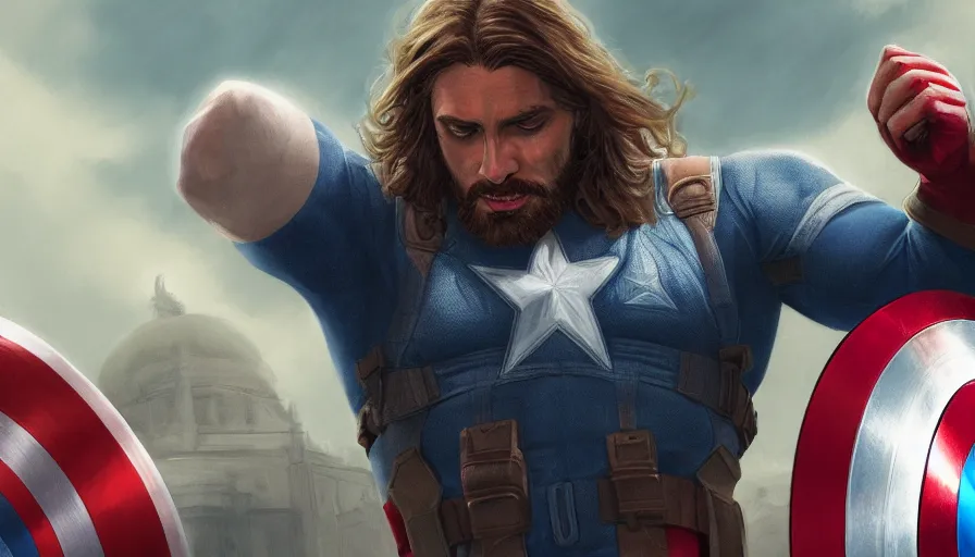 Image similar to Jesus Christ is Captain America, hyperdetailed, artstation, cgsociety, 8k