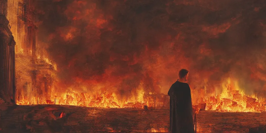 Image similar to Painting of Emperor Nero watching the great fire of rome, abstract, realism, 8k, detailed, terror, octane render, 3d render, complex emotion, glow