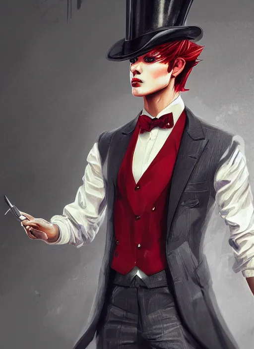 Prompt: a highly detailed illustration of stylish top hat wearing red haired attractive man, wearing suit vest, cool flashy posing, intricate, elegant, highly detailed, centered, digital painting, artstation, concept art, smooth, sharp focus, league of legends concept art, WLOP