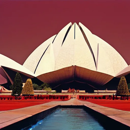 Image similar to futuristic pyramid lotus temple space station with gold, red and white marble panels, by buckminster fuller and syd mead, intricate contemporary architecture, photo journalism, photography, cinematic, national geographic photoshoot