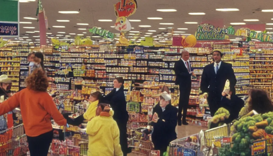 Image similar to 1990s candid photo of a beautiful day at the grocery store, cinematic lighting, cinematic look, golden hour, large costumed mascot business people giving presentations to families, Enormous personified business people with outstandingly happy faces coming out of a portal and talking to families, UHD