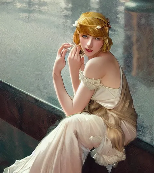 Prompt: Blonde girl in the roaring twenties wearing a dress, digital painting, smooth, elegant, hd, art by WLOP and Artgerm and Greg Rutkowski and Alphonse Mucha