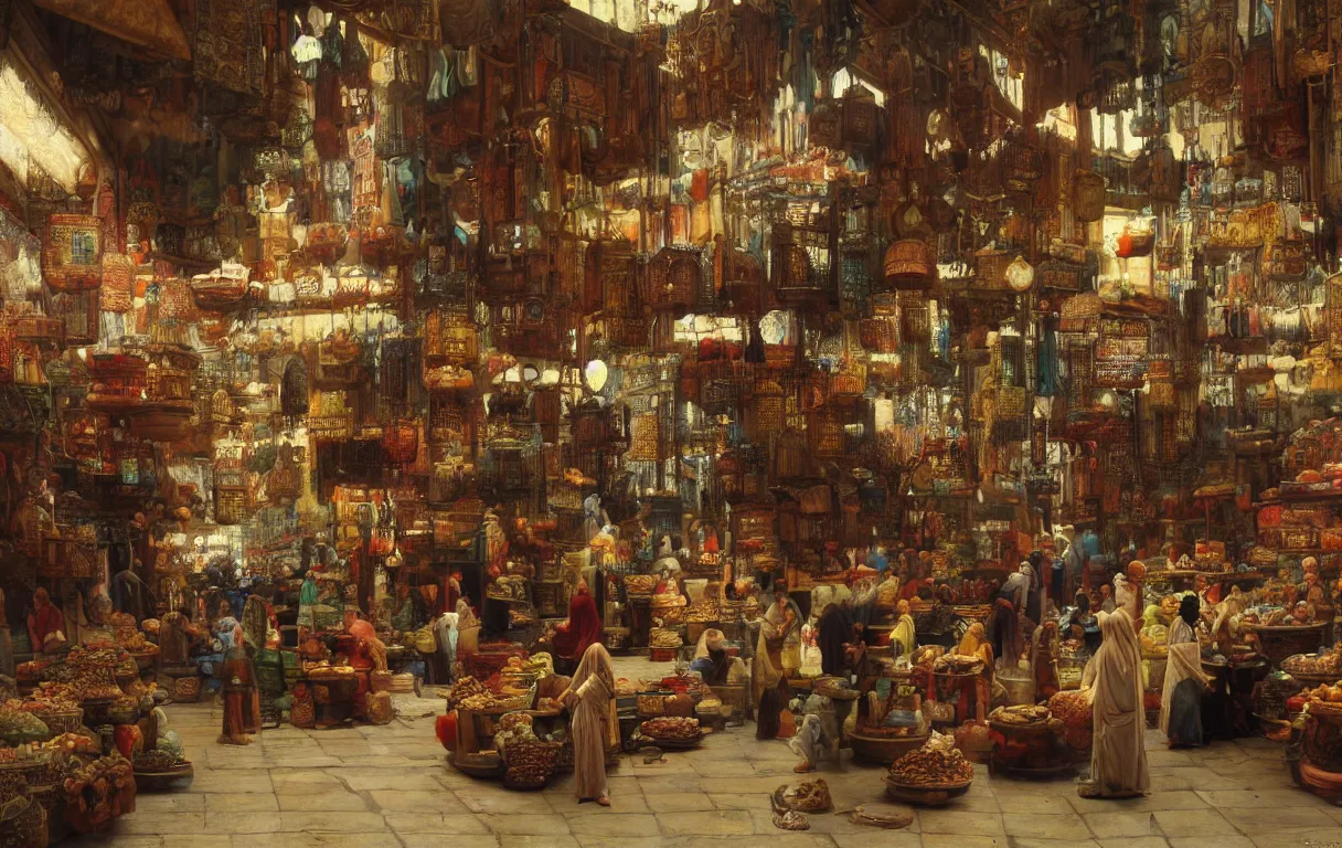 Image similar to a busy market interior in a fantasy Cairo city, by Jean lean Gerome, orientalism, trending on artstation