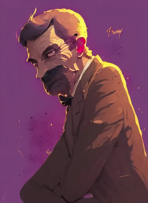 Image similar to highly detailed closeup of mayor humdinger by atey ghailan, by greg rutkowski, by greg tocchini, by james gilleard, by joe fenton, by kaethe butcher, gradient, purple,. gold, black, brown and white color scheme, grunge aesthetic!!! white graffiti tag wall background