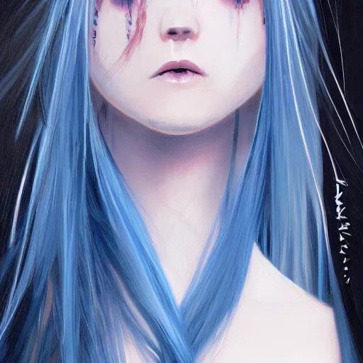 Prompt: full face shot of rimuru tempest, sky blue straight hair, long bangs, closed eyes, wearing a fancy black jacket, high collar, ultra detailed, brush strokes, digital painting, cinematic, wlop artstation, closeup, pixiv, eerie, scary, overpowering, evil, yoshitaka amano, andy warhol,