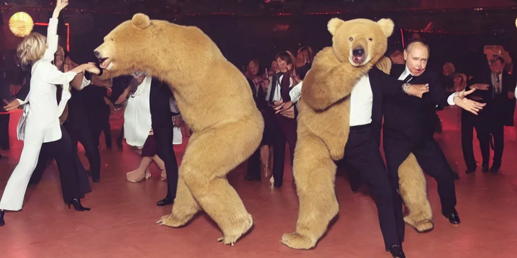 Image similar to vladimir putin disco dancing with a bear