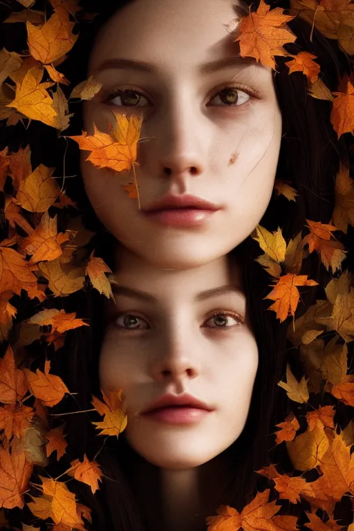 Prompt: young woman's face surrounded by Autumn leaves, long black hair, pale skin, symmetrical face, octane render, hyper-realism, photorealism, 4k, dramatic lightning, by Goya,