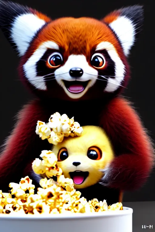 Image similar to high quality 3 d render hyperrealist very cute gothic happy red panda & koala hybrid eating popcorn, vray smooth, detective pikachu, very dramatic light, low angle, uhd 8 k, shallow depth or field