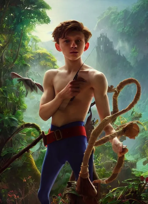 Prompt: skinny young tom holland as peter pan in neverland, dynamic lighting, path traced, atmospheric, highly detailed, high quality, beautiful painting, octane render, don bluth, ross tran, studio ghibli, alphonse mucha, jama jurabaev, extremely detailed, brush strokes, artstation, artgerm