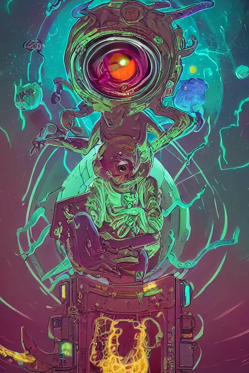 Image similar to rick and morty fused with a lovecraft happy space zombie, one eye dropping out, poltergeist, photo, portrait, 3d, high details, intricate details, by vincent di fate, artgerm julie bell beeple, 90s, Smooth gradients, octane render, 8k, volumetric lightning, High contrast, duo tone, depth of field, very coherent symmetrical artwork