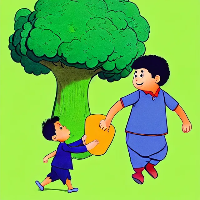 Prompt: professional kids book illustration of a Pakistani !!toddler!! boy walking with a friendly anthropomorphic broccoli, best on artstation,, astonishing, impressive, outstanding, cheerful, stunning, masterpiece by Maurice Sendak, Eric Carle, and Beatrix Potter.