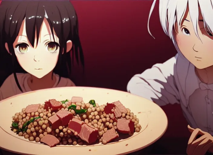 Prompt: a film still portrait of a tunisian couscous with meat, finely detailed features, closeup at the food, perfect art, at a dinner table, gapmoe yandere grimdark, trending on pixiv fanbox, painted by greg rutkowski makoto shinkai takashi takeuchi studio ghibli, akihiko yoshida