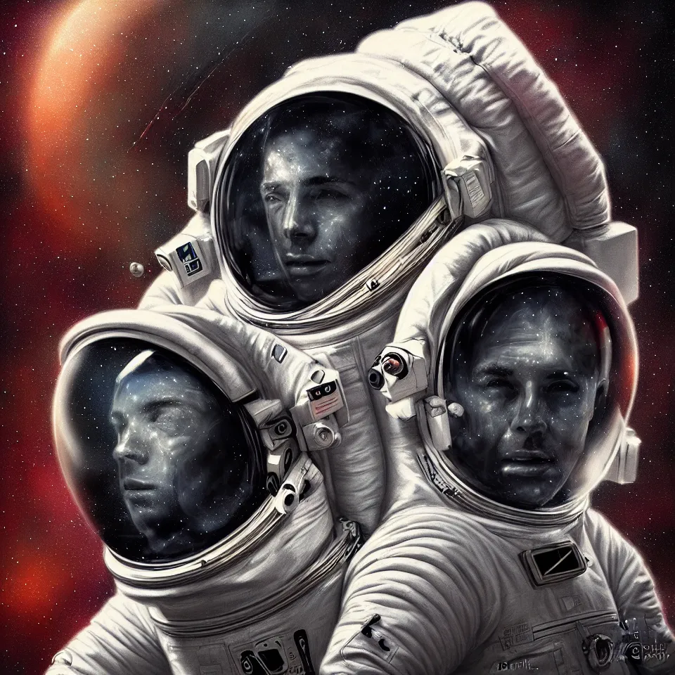 Prompt: portrait of an astronaut wearing head phones by ben templesmith, portrait, cinematic, epic composition, digital painting, digital art, masterpiece