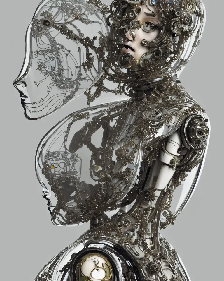 Image similar to beautiful cybernetic baroque robot + beautiful baroque porcelain face + body is clear plastic, inside organic robotic tubes and parts + wearing translucent baroque rain - jacket + symmetrical composition + intricate details, hyperrealism, wet, reflections + by alfonse mucha and moebius, no blur dof bokeh