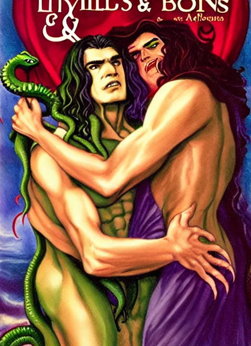 Image similar to mills and boon romance novel cover with cthulhu and fabio, they are in love