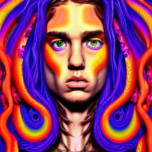 Image similar to an extremely psychedelic portrait of medusa as justin bieber, surreal, lsd, face, detailed, intricate, elegant, lithe, highly detailed, digital painting, artstation, concept art, smooth, sharp focus, illustration