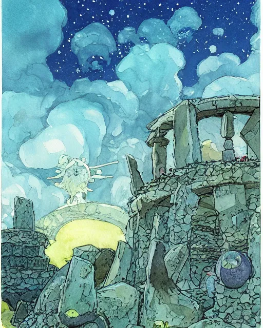 Image similar to a hyperrealist studio ghibli watercolor fantasy concept art. in the foreground is a giant grey octopus building and putting stones in to place on top of stonehenge with a starry sky. by rebecca guay, michael kaluta, charles vess