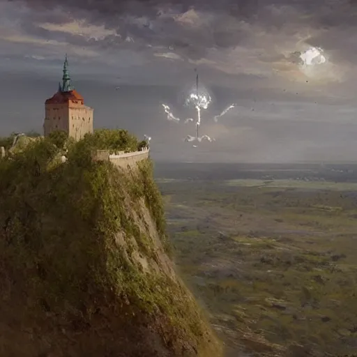 Image similar to greg rutkowski painting of an island flying in the air above a barren wasteland, on the island there is a cracow wawel castle and a lot of green vegetation, beautiful, detailed