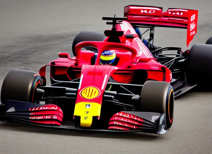 Image similar to live action photo of the 2 0 2 1 f 1 ferrari car, with clown sponsorship, 8 k, hdr, sports photography