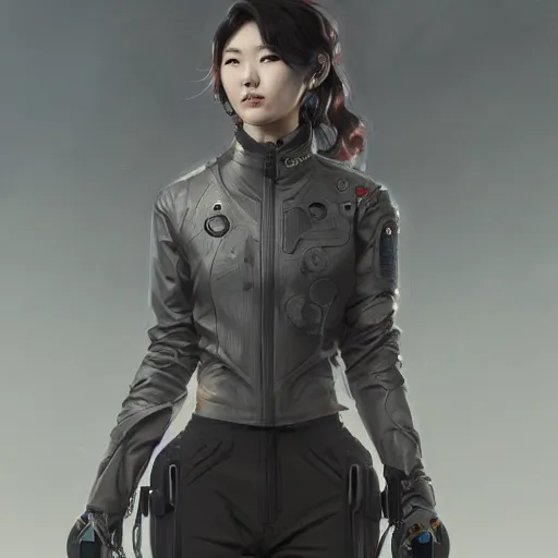 Image similar to cyborg Korean female wearing heavy techwear jacket, intricate, elegant, highly detailed, digital painting, artstation, concept art, smooth, sharp focus, illustration, art by artgerm and greg rutkowski and alphonse mucha