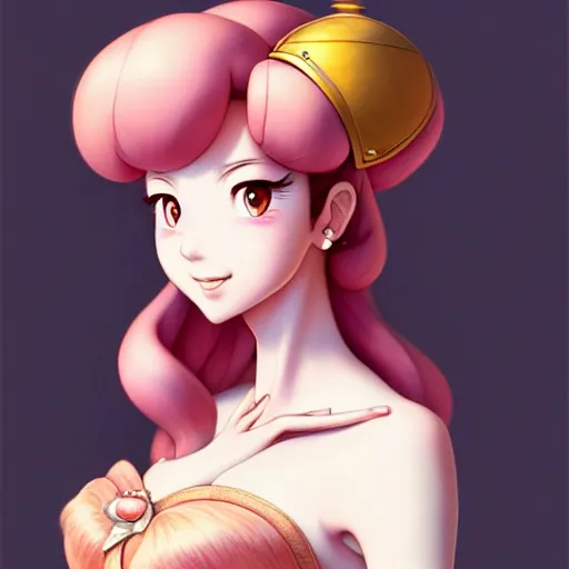 Prompt: 3 / 4 view of a portrait of princess peach, confident pose, genshin impact,, intricate, elegant, sharp focus, illustration, highly detailed, concept art, matte, trending on artstation, anime, art by wlop and artgerm and greg rutkowski, ilya kuvshinov, strong strokes, photo of princess peach h 6 4 0