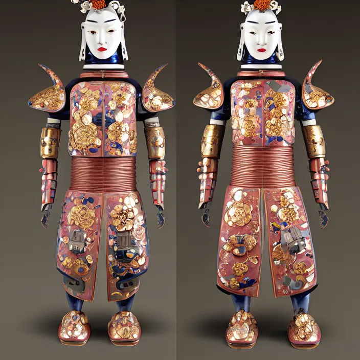 Image similar to ceramic cyborg, armor with Kakiemon design with plums and stylized flowers in glaze and gilding Edo period 1670–1690, diffuse lighting, fantasy, intricate, elegant, highly detailed, lifelike, photorealistic, digital painting, artstation, illustration, concept art, smooth, sharp focus, art by John Collier and Albert Aublet and Krenz Cushart and Artem Demura and Alphonse Mucha