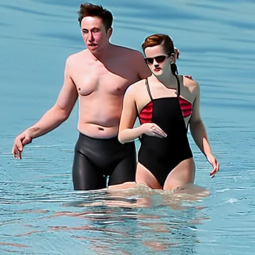 Prompt: emma watson and elon musk swimming together