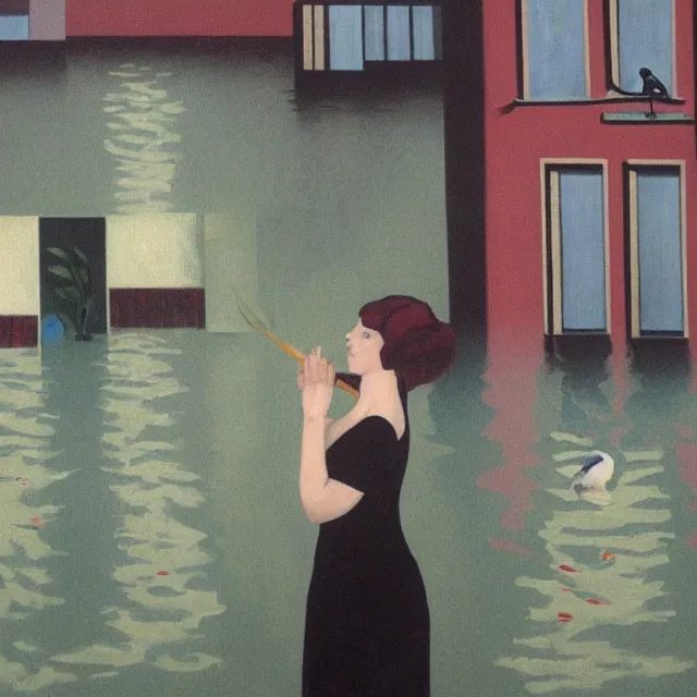 Image similar to tall female emo vegan socialist artist in their flooded apartment, painting of flood waters inside an artist's home, a river flooding indoors, pomegranates, pigs, ikebana, zen, water, octopus, river, rapids, waterfall, black swans, canoe, berries, acrylic on canvas, surrealist, by magritte and monet