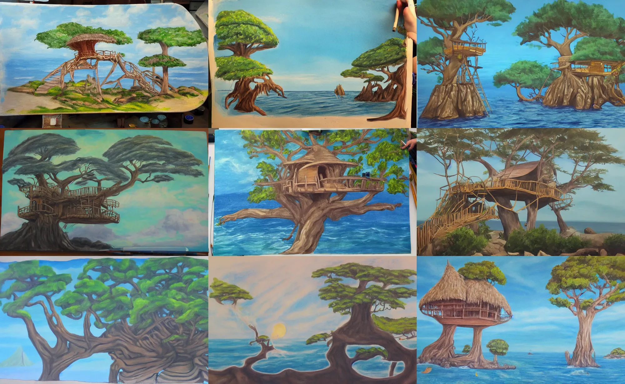 Prompt: underpainting of a mystical island treehouse on the ocean