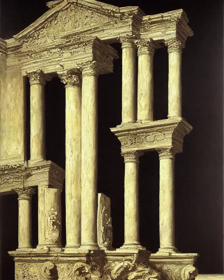 Prompt: achingly beautiful painting of intricate ancient roman corinthian capital on black background by rene magritte, monet, and turner. giovanni battista piranesi.