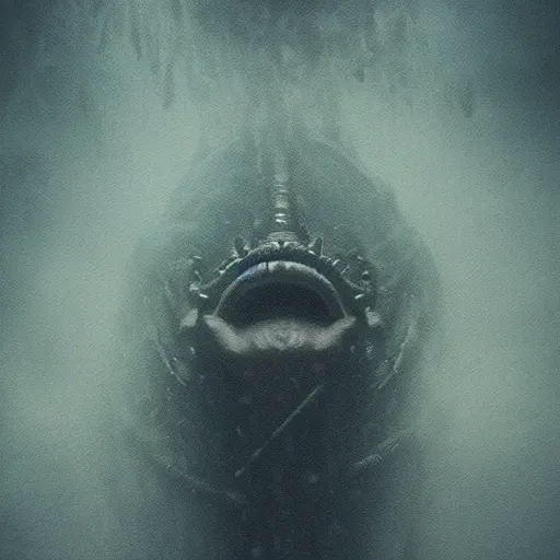 Prompt: sea monster, wide angle, pov underwater, visceral, abomination, pale skin, dark and foggy water, misty, dark, dramatic,'silent hill ', big eyes, terrifying, horrific, cinematic