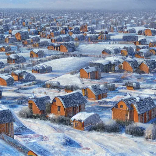 Image similar to an extremely detailed painting by cedric peyravernay of a large array of houses in a contested territory between the soviet union and america, snowy landscape, authoritarian vibes, extremely detailed, 4 k