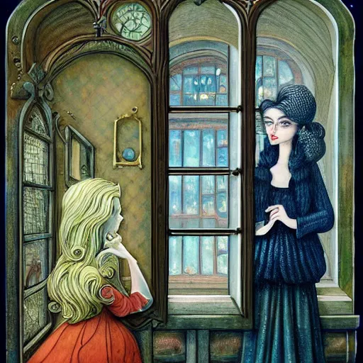 Prompt: a portrait of a woman standing infront of a window, she is happy and has lovely hair and eyes, a man is standing behind her with a look of suprise in his face, 8 k, lowbrow, in the style of daniel merriam and alexander jansson,