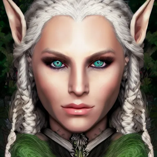 Prompt: A matte painting of a beautiful white hair with braids and foxy green eyes and face markings Wood elf Druid woman , trending on art station , extremely detailed