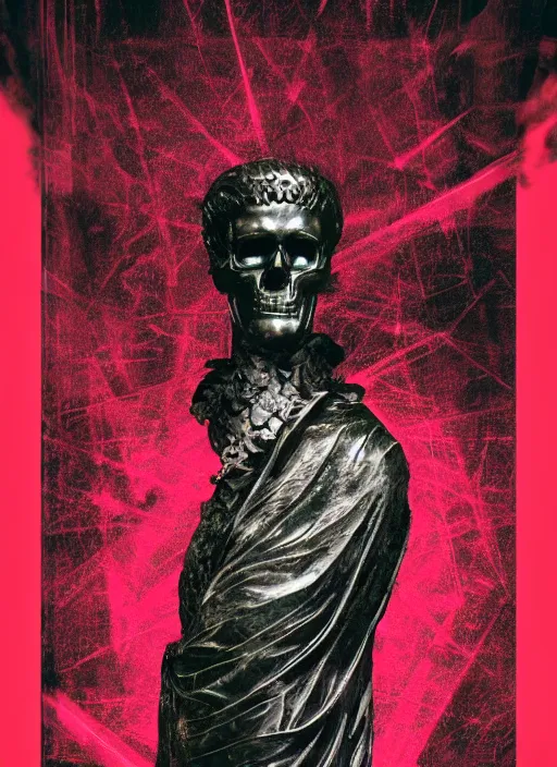 Image similar to elegant dark design poster showing a statue of the roman emperor julius caesar with a skull, black background with very subtle red and purple design elements, bold, powerful, nekro, vito acconci, thin straight purple lines, dark, glitch art, neo vaporwave, gritty, layout frame, square, trending on artstation