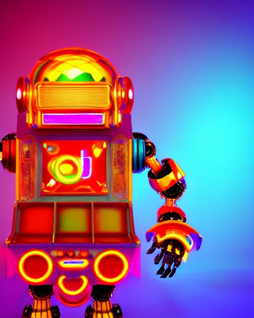 Image similar to cute elaborate epic robot, candy colors, pinball machine parts, symmetrical, in a city made of arcade machines and buildings made of candy, octane render, 3 d model, translucent, clear parts, rainbow neon lights, detailed by pokedstudio