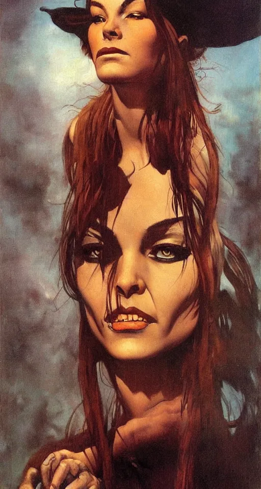 Prompt: portrait of a young witch, true anatomy, detailed face, highly detailed, by frank frazetta and boris vallejo