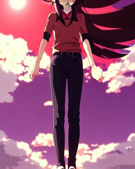 Image similar to makoto shinkai, artgerm, ilya kuvshinov, beautiful anime women with red shirt brown pants, black and red hair, wind powers symmetrical face, symmetrical eyes, detailed, field setting, cinematic lighting