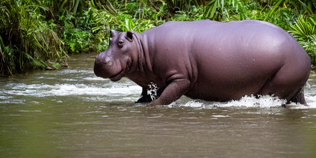 Image similar to a hippo with large wings in a river in the jungle. extremely high fidelity, ominous natural lighting