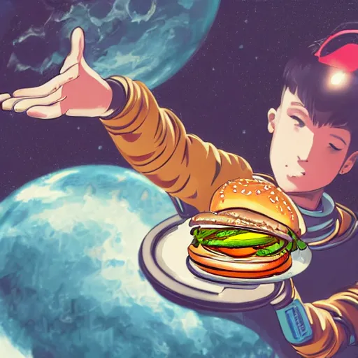 Prompt: a humanoid chicken!!!!! astronaut eating a burger while floating inside of a space station, golden ratio!!!!!, centered!!!!!, trending on artstation, cgsociety contest winner, 4 k quality, digital art, anime style, studio ghibli!!!!!